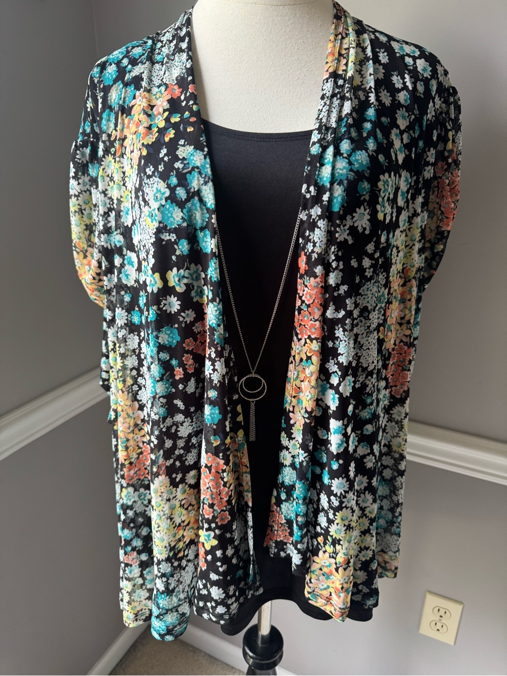 Floral Open-Front Women’s Cardigan - Black with Multi Floral Print